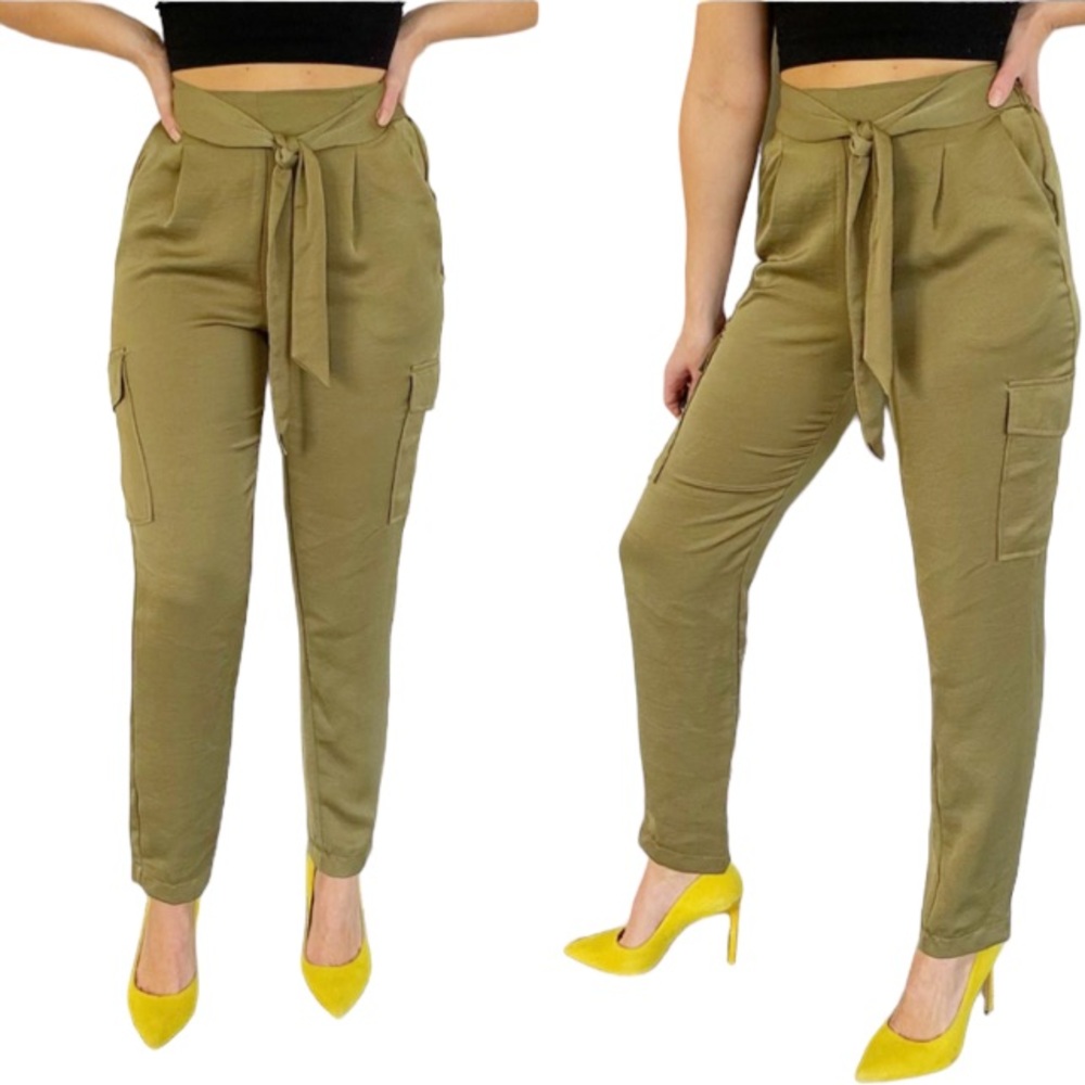 River Island army green satin high rise tie sash cargo pants size 6R